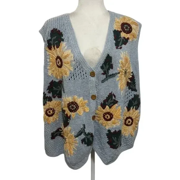 Vintage JK Alpine Collection Sunflower Sweater Vest Van Gogh Inspired Size 26/28 - Picture 2 of 5